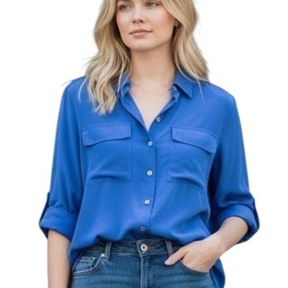 Lg‎ Silk Soft Surroundings Womens Blue Shell Button Down Shirt 3/4 Sleeve